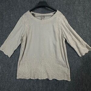 Chicos Linen Blend Embroidered Tunic Top Womens Size 2 Beige 3/4 Sleeve